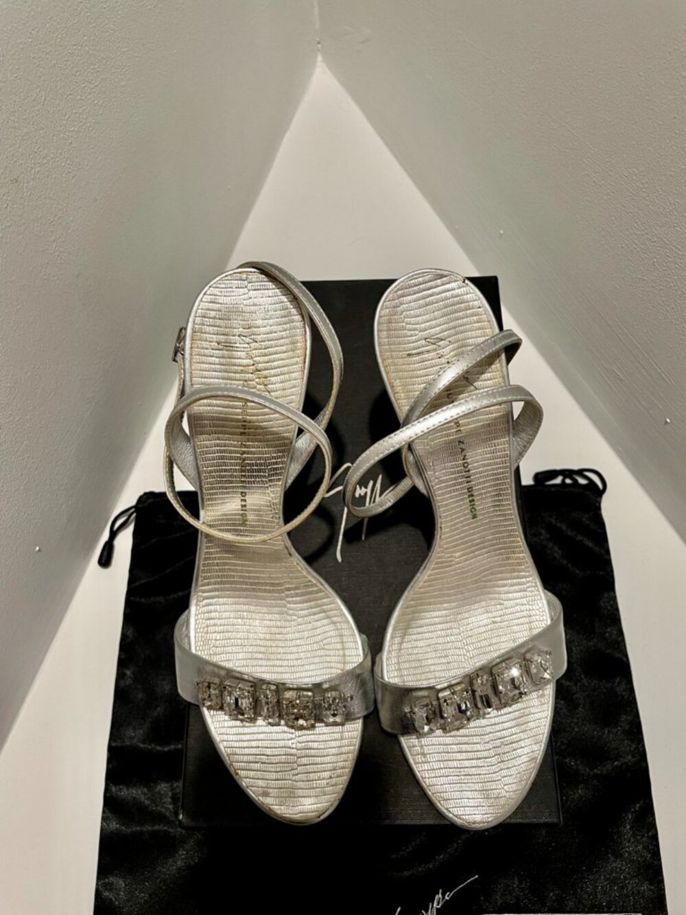 GIUSEPPE ZANOTTI CRYSTAL SILVER LEATHER SANDALS HEELS - Picture 6 of 8